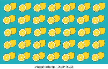 Fresh Lemon and Slice Pattern. Bright Summer Lemon Background. Whole and Sliced Citrus Fruits on a Vibrant Blue Background. Seamless Lemon Pattern. Tropical Yellow Lemons and Slices