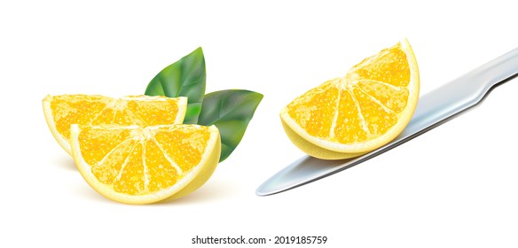 Fresh lemon slice of pieces in the middle isolated on white background. Realistic vector in 3D illustration.