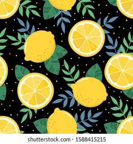 Fresh lemon sliced and leaves seamless pattern. Organic healthy fruit background. -Vector