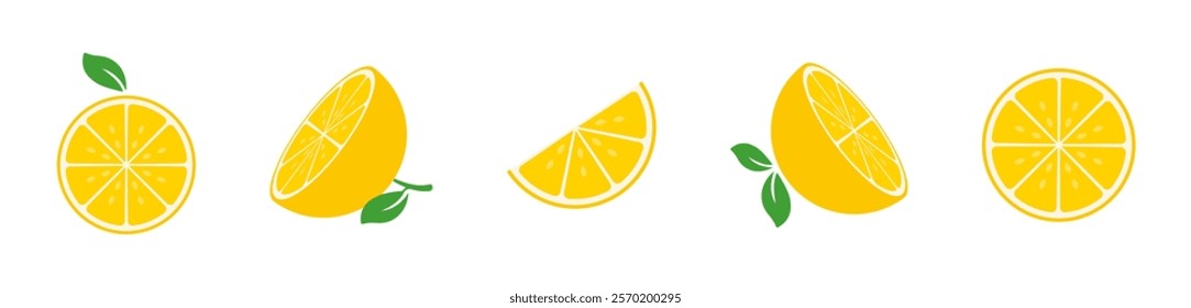 Fresh Lemon Slices with Green Leaves Vector Flat Set