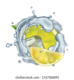 Fresh lemon slices in water splash with ice cubes