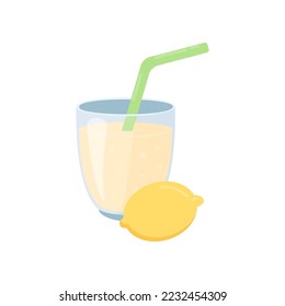 Fresh lemon smoothie or juice in cup isolated on white background. Glass with fruit drink vector illustration. Summer, beverage, diet, detox concept