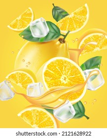 Fresh lemon splashing with ice cube in the middle isolated on white background. Realistic vector in 3D illustration.