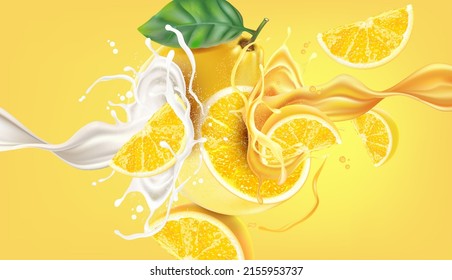 Fresh lemon splashing with Milk splash in the middle isolated on solid color background. Realistic vector in 3D illustration. Food and Drink concepts.