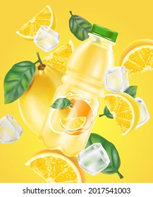 Fresh lemon splashing with Packaging and ice cube in the middle isolated on solid color background. Realistic vector in 3D illustration.