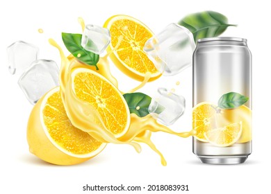 Fresh lemon splashing with Packaging and ice cube in the middle isolated on solid color background. Realistic vector in 3D illustration.