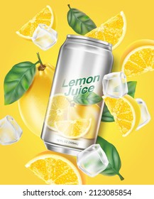 Fresh lemon splashing with Packaging and ice cube in the middle isolated on solid color background. Realistic vector in 3D illustration.