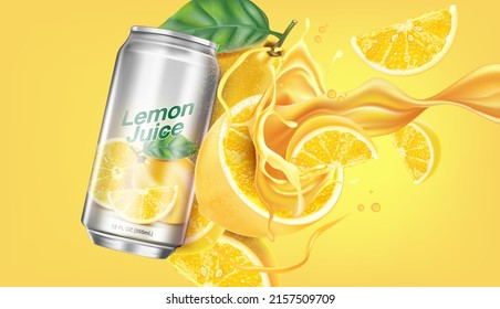 Fresh lemon splashing with Packaging mock up in the middle isolated on solid color background. Realistic vector in 3D illustration.