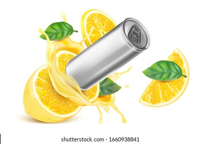 Fresh lemon splashing with product mock up in the middle isolated on white background. Realistic vector in 3D illustration.