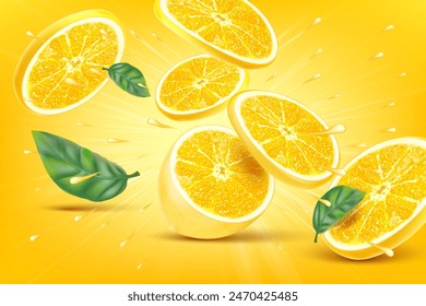 Salpicaduras de limón fresco con rodaja de limón de piezas en el medio aislado sobre fondo de color sólido. Vector realista en ilustración 3D.