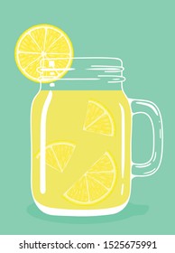 Fresh lemon tea drink with lemon pieces in glass vintage mason jar. Healthy natural delicious refreshing citrus fruit hot beverage. Vector illustration.