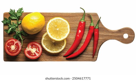 fresh lemon , tomato,chilli on wooden cutting board on white background.