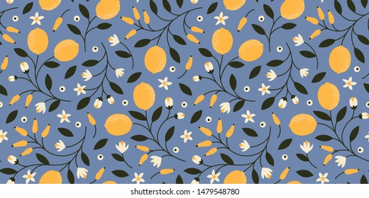 Fresh lemon tree branches pattern, seamless vector repeat. Clean hand drawn illustration. Great for summer designs. 