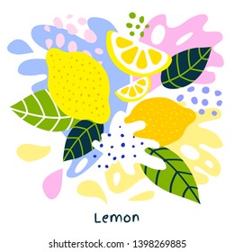 Fresh lemon tropical exotic citrus fruits juice splash organic food juicy splatter lemons on abstract background vector hand drawn illustrations