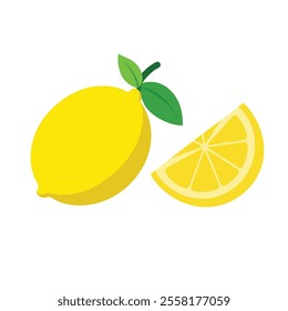 Fresh Lemon Vector Illustration – Whole Lemon and Slice with Leaves.