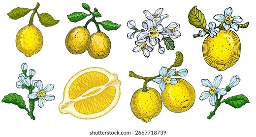 Fresh lemon vector illustrations. Citrus yellow juice natural foods healthy natural products vector pictures. Fruit food citrus healthy, fresh juice lemon illustration.