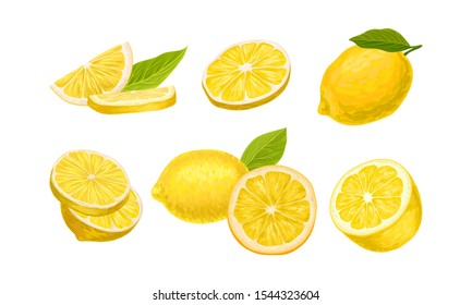 Fresh Lemon Vector Set. Sliced and Whole Fruit.