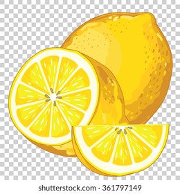 Fresh lemon. Vector yellow ripe citric tropical fruit design element for juice label milkshake pack. Fresh lemon icon isolated on transparent background. Half, slice, whole vitamin citrus illustration