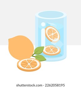 Agua dulce de limón, rebanadas de limón y limón entero con hojas. Trozos caen en un frasco con cubo de hielo. Bebida de desintoxicación fresca y exótica de verano. Bebida casera de limón, afiche, plantilla. Ilustración vectorial. 