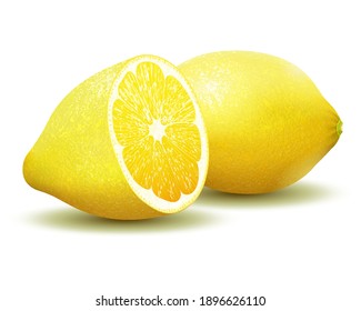 Fresh lemon: whole lemon and half lemon.Realistic 3d Vector illustration. Fully editable handmade mesh.