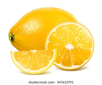 Fresh lemon: whole lemon and lemons slices.. Vector illustration. Fully editable handmade mesh.