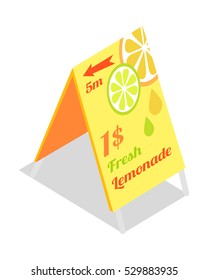 Fresh lemonade advertisement banner. Directory guide showing that lemonade beverages are in 15 metres for price 1 dollar. Vector illustration on the theme of lemonade. Street food concept. Vector