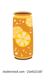 Fresh lemonade in the aluminium can with lemon on the wrapper isolated on white background. Flat vector cartoon illustration, clipart.