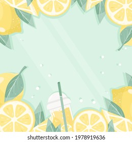 Fresh lemonade banner with yellow lemon, fruit slice and drops. Lemonade frame.