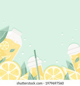 Fresh lemonade banner with yellow lemon, fruit slice and drops. Lemonade frame.