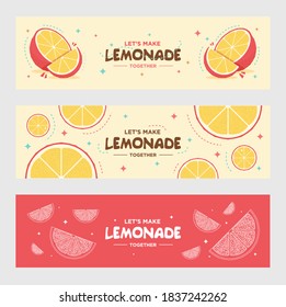 Se emiten pancartas de limonada. Naranja, limón, bebida. El conjunto de ilustraciones vectoriales puede utilizarse para invitaciones, publicidad, afiches