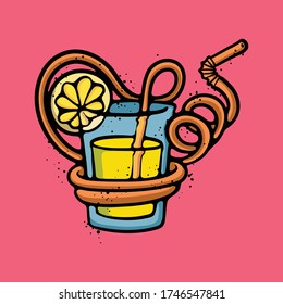 Fresh lemonade beverage with unique long straw. Fresh fruit drink vector concept. Healthy citrus beverage flavor illustration