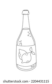 Fresh lemonade in the bottle with lemon on the wrapper in doodle style. Flat vector cartoon illustration, clipart.