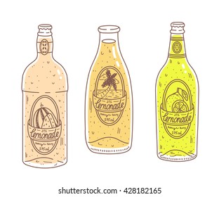 Fresh lemonade in bottles. Doddle cartoon vector illustration. Front view. Label design template.