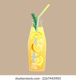 Fresh lemonade, glass drink bottle. Clear jug for juicy citrus drinks made of lemon or lime, yellow healthy juice with pieces of fruit, straw and rosemary. Vector flat illustration