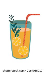 Fresh lemonade in the glass with lemon and straw isolated on white background. Flat vector cartoon illustration, clipart.