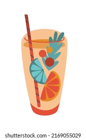 Fresh Lemonade In The Glass With Orange And Lime Slices, Berries And Straw Isolated On White Background. Flat Vector Cartoon Illustration, Clipart.