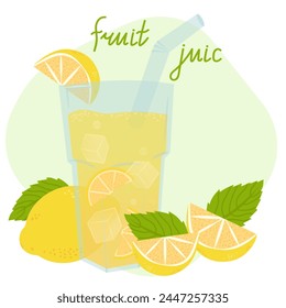 Fresh lemonade in a glass with pieces of ice and lemon slices. Summer refreshing drink, juice with pieces of fruit and ice. Vector