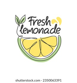 Fresh lemonade handwritten lettering. Continuous line drawing. Slice of juicy lemon, lime. Summer refreshing drink concept 