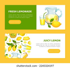 Fresh lemonade horizontal web banner templates. Juicy lemon eco organic vegetarian product landing page, website with fresh lemons seamless pattern cartoon vector