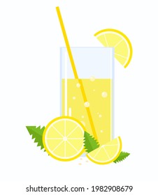 Fresh lemonade illustration. Glass with straw and lemons and leaves of mint. Soda. Menu, fabric, textile, web. Summer illustration. Vector. Green leaves