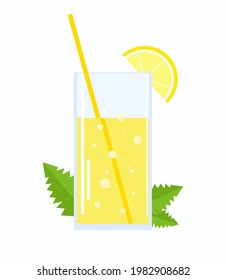 Fresh lemonade illustration. Glass with straw and lemons and leaves of mint. Soda. Menu, fabric, textile, web. Summer illustration. Vector. Green leaves