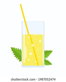 Fresh lemonade illustration. Glass with straw and leaves of mint. Soda. Menu, fabric, textile, web. Summer illustration. Vector. Green leaves