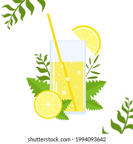 Fresh lemonade illustration. Glass with straw and leaves of mint. Soda. Menu, fabric, textile, web. Summer illustration. Vector. Green leaves