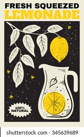 Fresh Lemonade. Illustration of a pitcher of lemonade and a branch with lemons in the background. The poster, label, banner for your design.