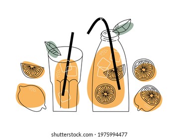Fresh lemonade and it's ingredients in doodle sketch style. Vector illustration