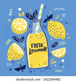 Fresh lemonade and it's ingredients. Lemon, lemon slice, mint and hand written text. Summer Doodle style