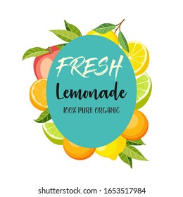 Fresh lemonade label poster vector illustration. Lemonade banner with lemon, orange, lime, peach fruits. Background for brand, logo, template, label or emblem. 
