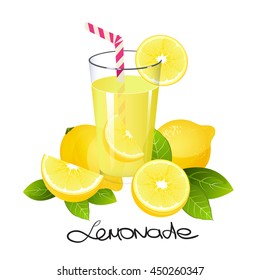 Fresh lemonade with lemon fruit slice. Realistic juicy citrus with leaves vector illustration isolated on white background.