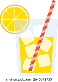 Fresh lemonade with lemon slice and striped straw. Great for summer drinks, juice bars, fruit beverages, or menu illustrations.