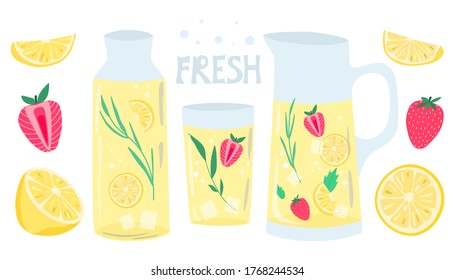 Fresh lemonade made with lemons, mint and strawberry. Lemonade pitcher, glass with a drink and glass bottle. Summer beverage. Slices of lemon and berries. Flat vector illustration isolated on white